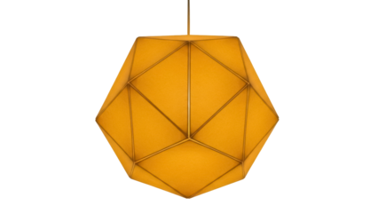 Isolated gold pendant lamp shade with geometric pattern hanging from thin cord, home decor