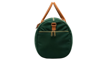 Isolated green duffel bag with brown leather handles for overnight trip or travel style
