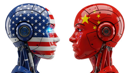 Robot heads with usa and china flags on transparent background symbolizing global tech