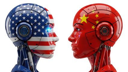 Robot heads with usa and china flags on transparent background symbolizing global tech