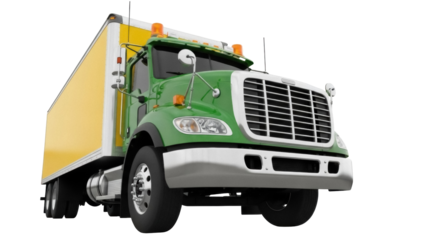 Isolated green and yellow semi truck, goods transport, freight carrier for logistics business