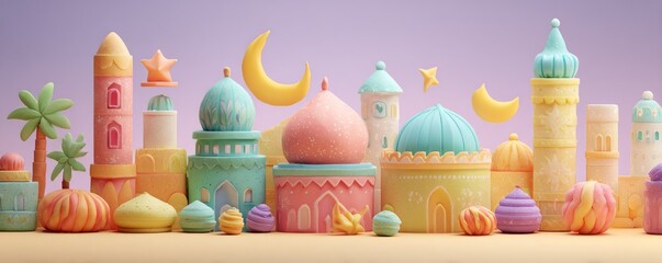 Fototapeta premium Playful 3D Clay Illustration of Festive Eid-Themed Decorations and Elements