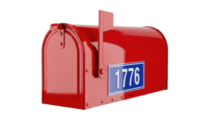 Isolated Red Mailbox with Number 1776 on Blue Sign, Mail Delivery and Communication