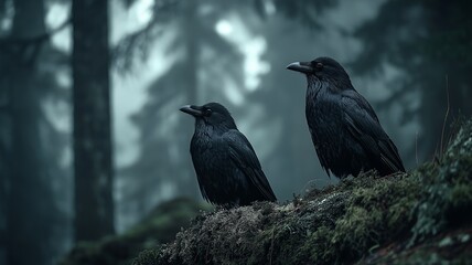 Mysterious ravens in foggy forest.