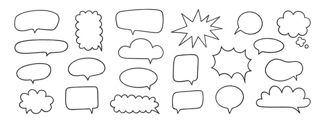Fototapeta premium Crayon speech bubble set. Chat talk boxes. Line chalk hand drawn frames. Kid doodle style. Dialogue balloon cloud. Pencil drawing, black thought elements on white background. Vector illustration