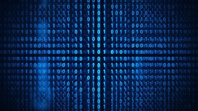 Futuristic digital matrix with glowing binary code. Technology background creates immersive atmosphere. Visualization of data and cyber security concepts.