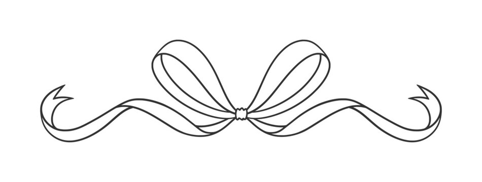 Coquette bow black, thin line drawing. Hand drawn simple illustration of vintage tied ribbon. Wedding, birthday gift sketch in retro style. Cute girly vector illustration. Doodle lace.