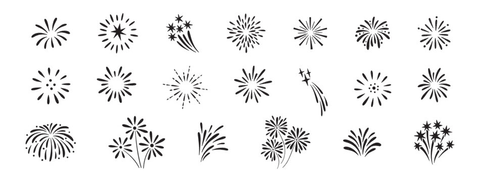 Firework doodles and festive hand drawn firecrackers, big set. Minimal sketch style celebration icons with stars, sparkles, explosive bursts. For birthday, carnival, holiday event. Vector illustration