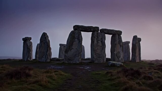 Ancient Stonehenge monument at misty twilight with a mysterious atmosphere
