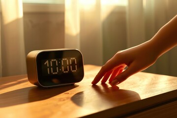 A person is touching a clock that reads 10:00