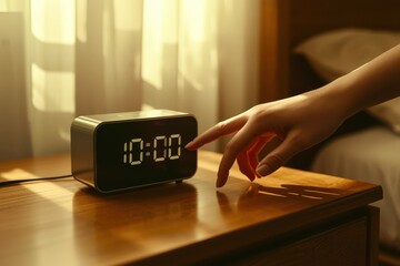 A person is touching a clock that reads 10:00