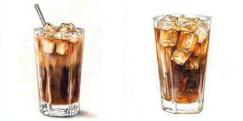 Refreshing iced coffee drinks in watercolor style, featuring tall glasses filled with ice cubes and straw, capturing cool and inviting vibe