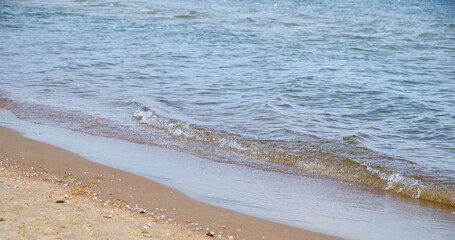 Close view of the Baltic Sea shoreline with wet sand and gentle foam. Suitable for nature textures, coastal backgrounds, relaxation themes, travel design, and environmental projects © Yevhenii Khil
