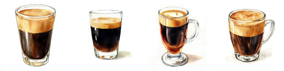 Four watercolor illustrations of espresso drinks showcase rich, dark coffee with creamy foam in various glass mugs, highlighting artful presentation of these beverages