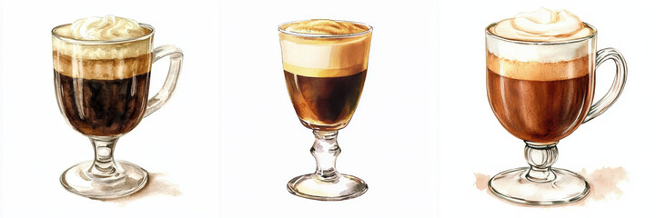 Three watercolor illustrations of rich coffee drinks with creamy toppings are displayed on white background. Each glass showcases different style of coffee, highlighting textures and colors