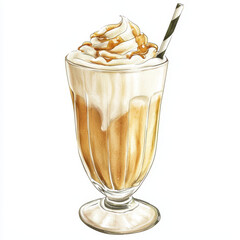 Delicious vanilla milkshake in tall glass with whipped cream and caramel drizzle, featuring striped straw. watercolor style adds charming touch to refreshing drink