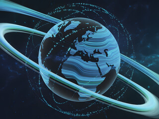Global Network Visualization: A stunning representation of the Earth, encircled by sleek, interconnected rings that embody the power of a digital global network.