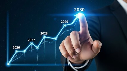 Setting future goals and achieving success: a business professional points to a high target year 2030 