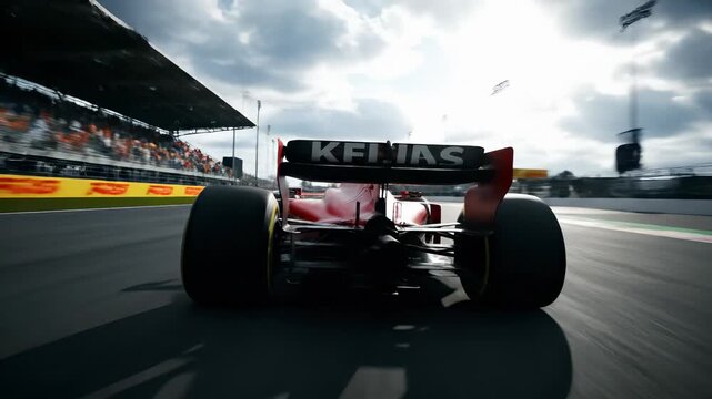 High-speed racing action on racetrack. Red race car accelerates powerfully, leaving clouds of tire smoke behind. Exciting atmosphere captures thrill of motorsport.