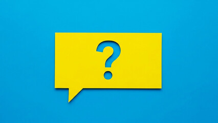 Yellow speech bubble with question mark cutout on blue background symbol punctuation