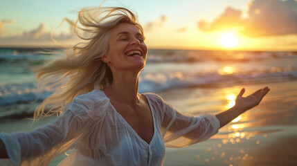 woman with long blond hairs is dancing with the waves of ocean