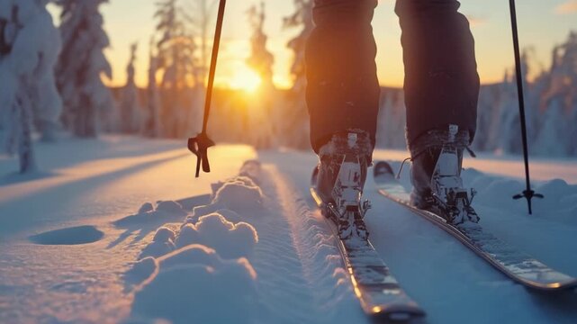 A lone skier on a trail through snow-covered trees during sunrise or sunset.