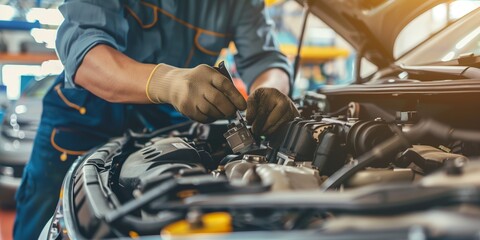 a car mechanic works on the engine of a vehicle in a workshop