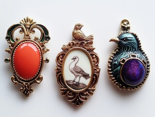 A set of 3 old-style brooches in bright colors. Includes designs with a cameo, a bird, and a Victorian theme. Great fashion pins!
