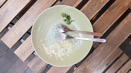 Empty plate with silverware after meal
