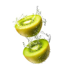 Fresh sliced kiwi fruit captured mid-air with dynamic water splashes, highlighting vibrant green flesh, juicy texture, and natural freshness.