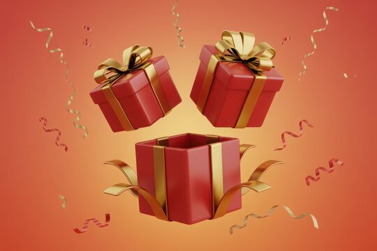 Three red gift boxes with golden ribbons floating amidst celebratory confetti on a vibrant orange gradient background - Powered by Adobe