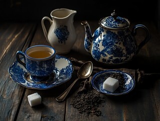 A still life picture shows a vintage cobalt blue porcelain tea set. It includes a spoon with sugar, a sugar bowl, a milk jug, and dry tea leaves.
