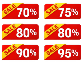 Discount sale labels 70-95% isolated on transparent background