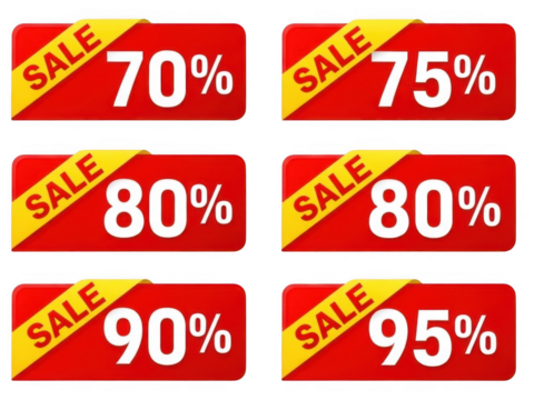 Discount sale labels 70-95% isolated on transparent background - Powered by Adobe