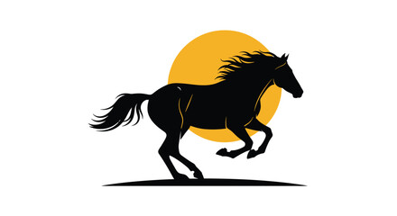 Fototapeta premium A powerful silhouette of a running horse with a flowing mane set against a bright yellow or orange sun on a white background.