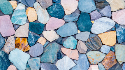 Beautifully arranged natural stone wall mosaic, showcasing vibrant array of colorful rocks and pebbles in diverse shapes, creating artistic and calming earthy background texture