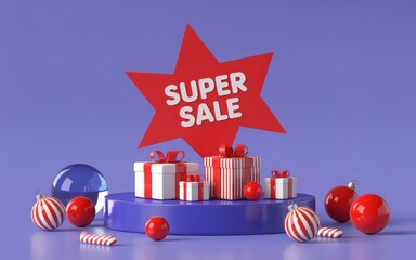 A 3D rendering of gift boxes and ornaments on a purple podium with a super sale sign