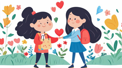 Fototapeta premium Charming illustration of two young girls sharing gift and holding hands amidst vibrant, stylized garden setting with floating hearts symbolizing friendship and affection.