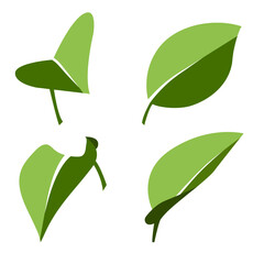 A flat two-color illustration of leaves with a limited palette of green shades