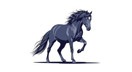 A powerful and elegant illustration of a dark gray horse with a flowing mane trotting gracefully on a white background.