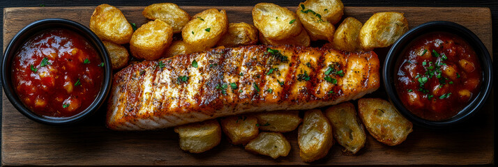 Delicious pan-seared salmon fillet with crispy roasted potato wedges and two bowls of chunky barbecue dipping sauce served on rustic wooden board.