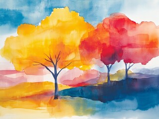 A vibrant watercolor shows a landscape. It features a semi-abstract tree in bright yellows, oranges, and reds, set against a blue sky. It evokes the feel of spring or summer.
