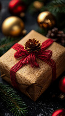 Festive Christmas Gift Box Wrapped in Textured Gold Paper Adorned with Pinecone and Red Ribbon, Surrounded by Evergreen Branches, Red and Gold Ornaments, and Dark, Snow-Dusted Background