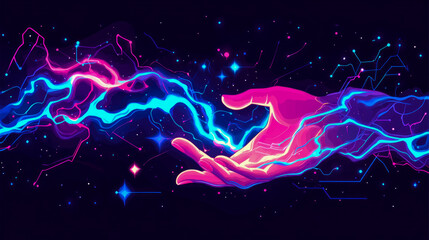 Abstract illustration of hands interacting with vibrant, glowing neon energy streams and digital network patterns against dark, star-filled cosmic background, evoking sense of technological magic and 