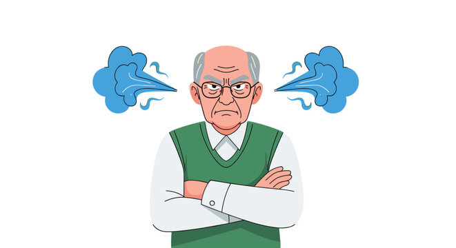 A very angry and grumpy senior man with glasses and his arms crossed has steam coming from his ears in this illustration.
