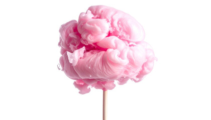 Fluffy pink spun sugar treat on a wooden stick, isolated against a transparent backdrop