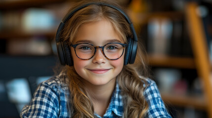 Close-up portrait of cute, blonde little girl with freckles, wearing stylish glasses and black over-ear headphones, smiling happily while enjoying audio media.