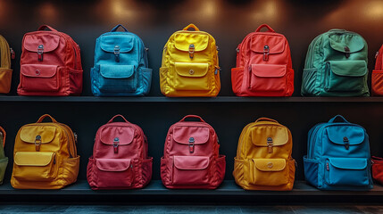 Vibrant selection of colorful rucksacks and school backpacks showcased on two dark store shelves, highlighting diverse styles and bright primary colors for purchase.