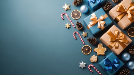A professional flat lay photograph of Christmas gifts, candy canes, and decorations on a blue background