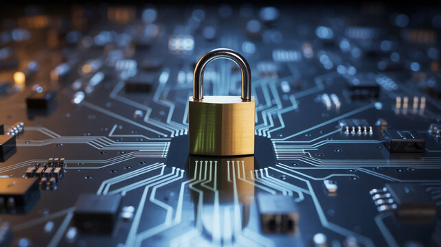 Golden padlock on circuit board security technology - Powered by Adobe